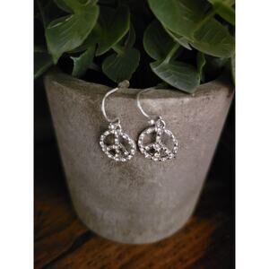 Y2K Hippie Delicate Silver Clear Rhinestone Peace Sign Drop Dangle Earrings